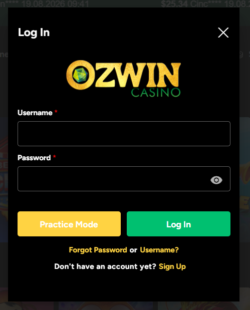Ozwin Casino login window showing Username and Password fields with Practice Mode and Log In buttons
