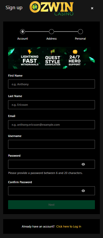 Ozwin Casino sign up form with Account, Address and Personal steps and fields for name, email, username and password