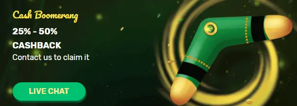 Cash Boomerang cashback banner at Ozwin Casino with a green and gold boomerang