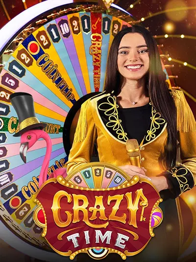 Crazy Time live game show wheel with a host and coloured segments
