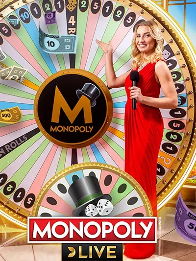 Monopoly Live game show board with the Monopoly character and a money wheel